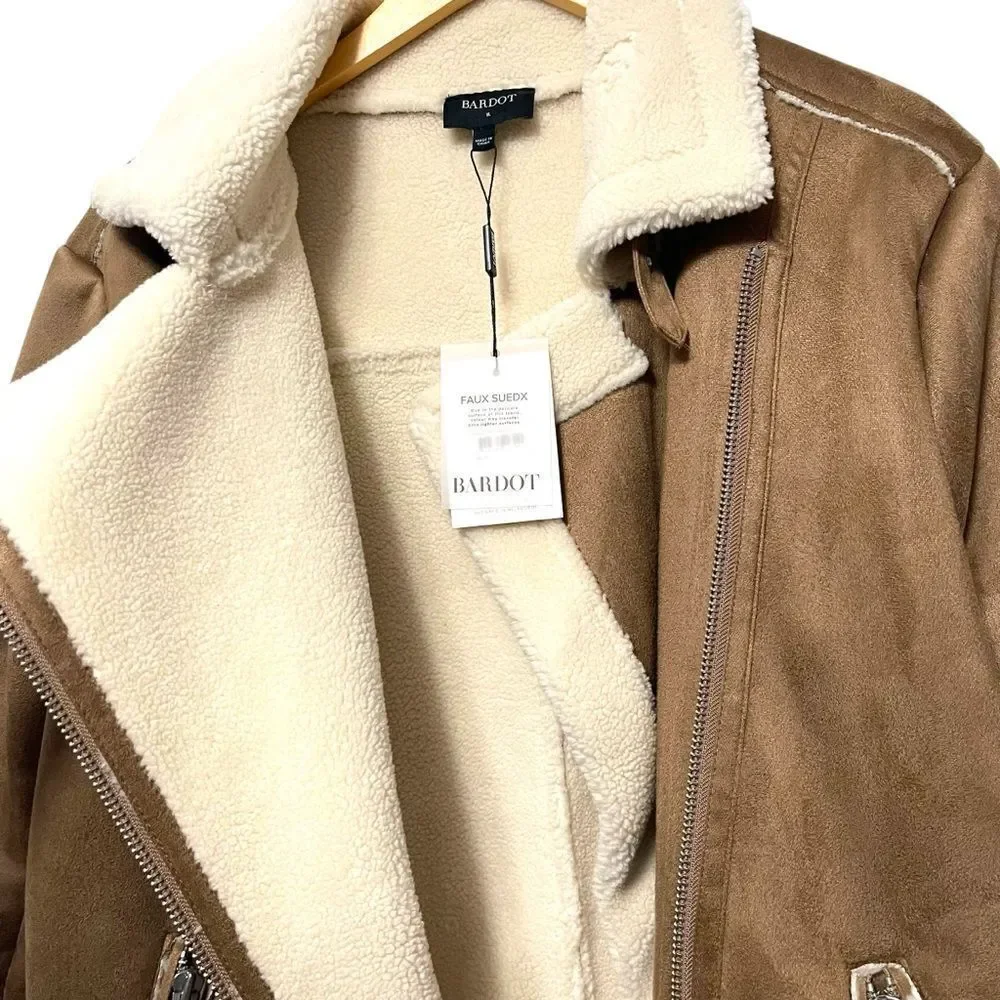 NWT BARDOT Shearling Camel Moto Jacket XL